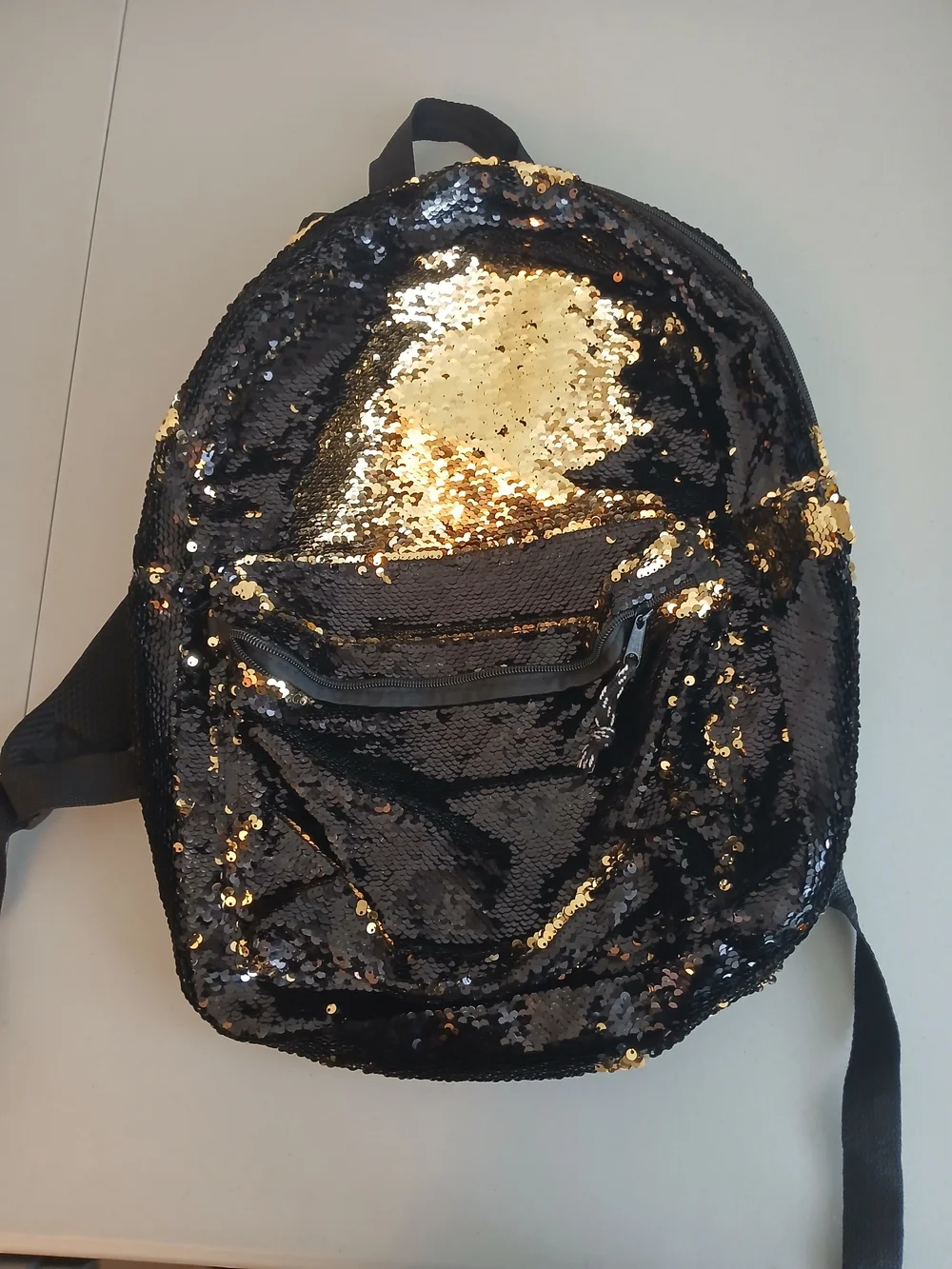 Black & Gold Reversible Sequin Zip Top Backpack NWOT